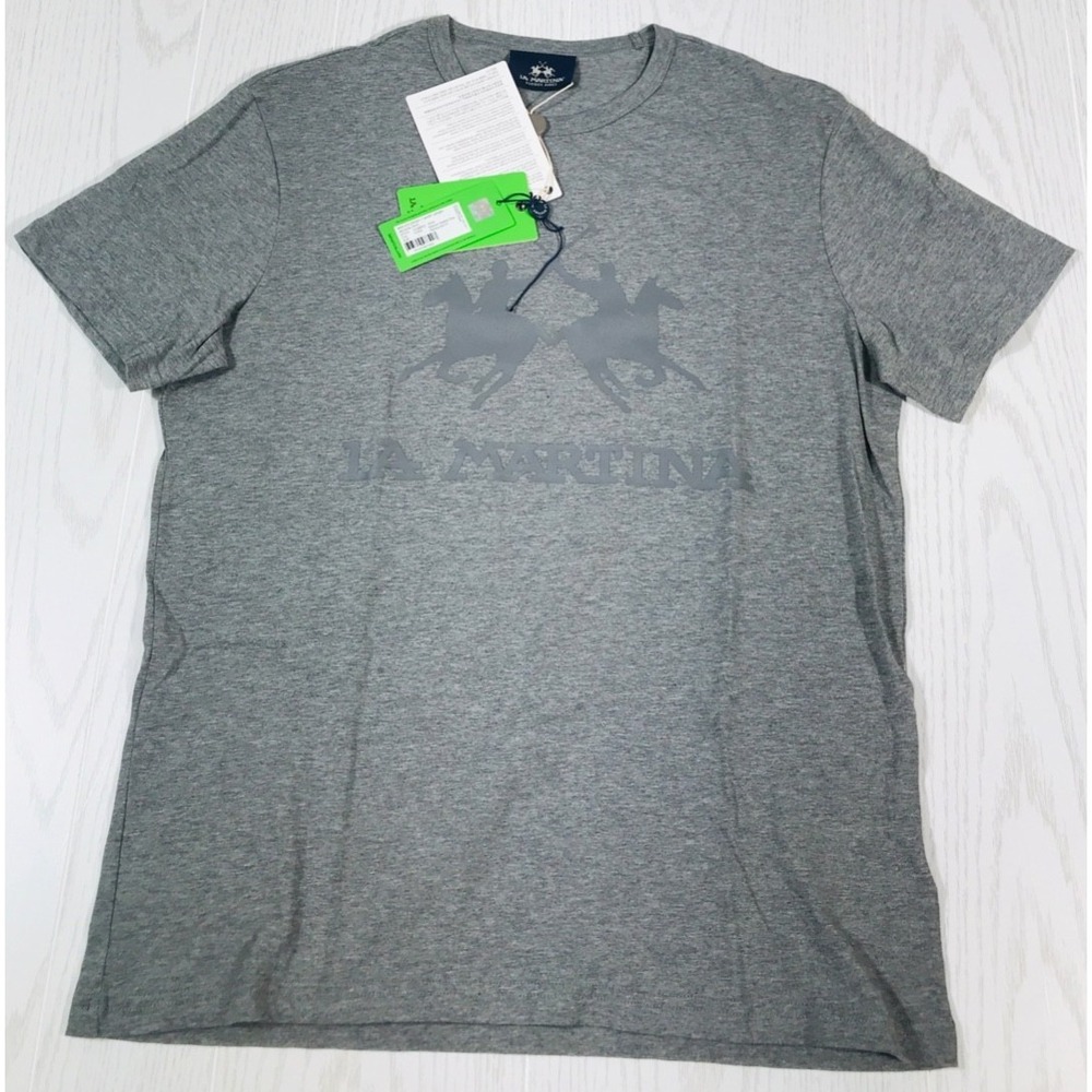 La Martina Short Sleeve T-Shirt Mens L Crew Neck  Gray Polo Graphic Slim Fit New